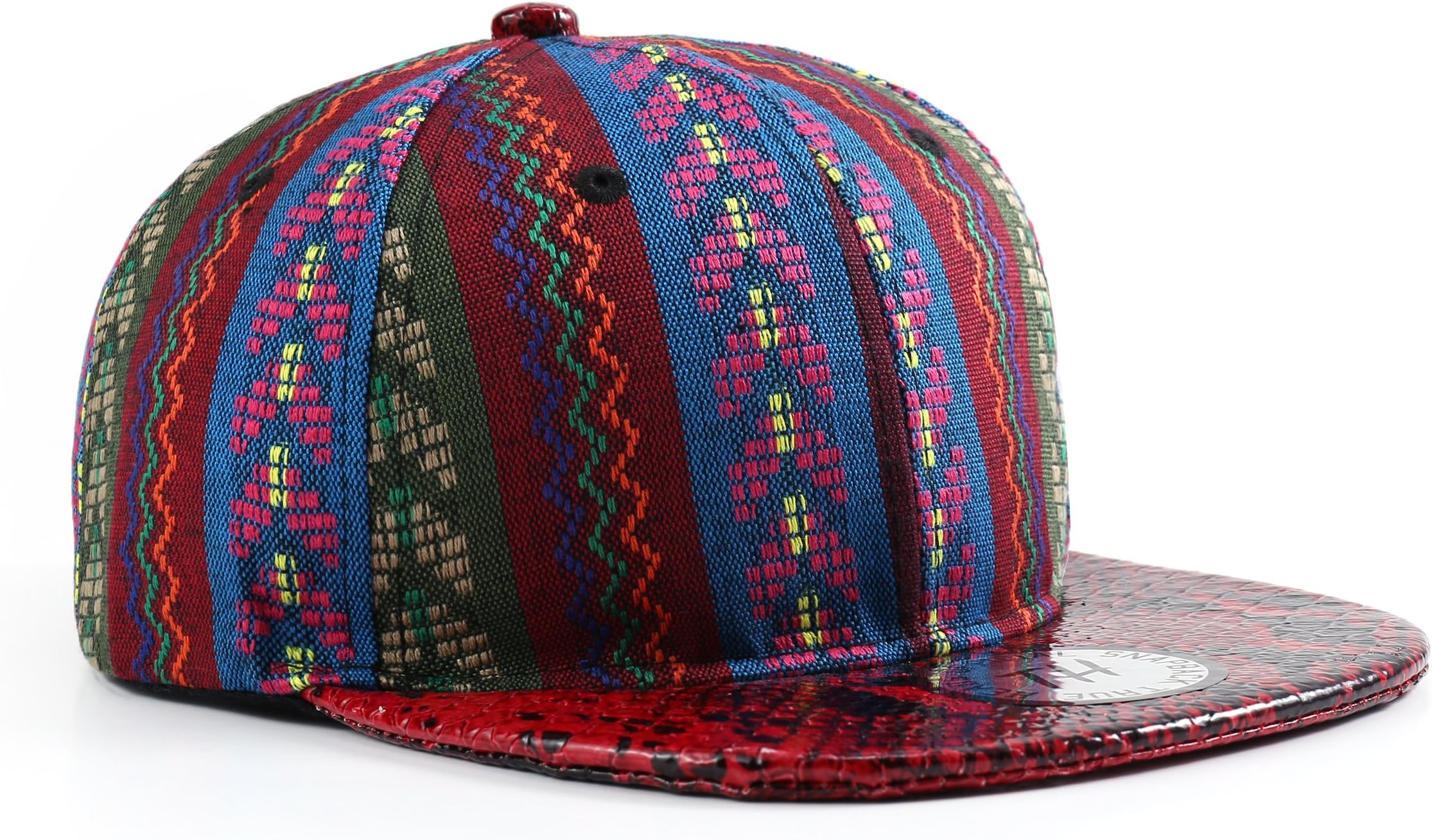 Aztec Multi Colour Pattern Snakeskin Style Flat Peak Snapback Baseball Cap (Red Peak)