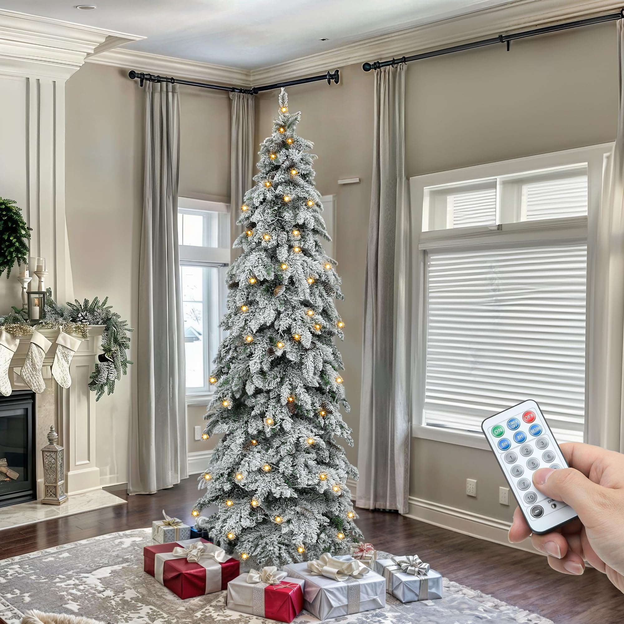 YITAHOME Pre-Lit Flocked Drooping Pencil Spruce