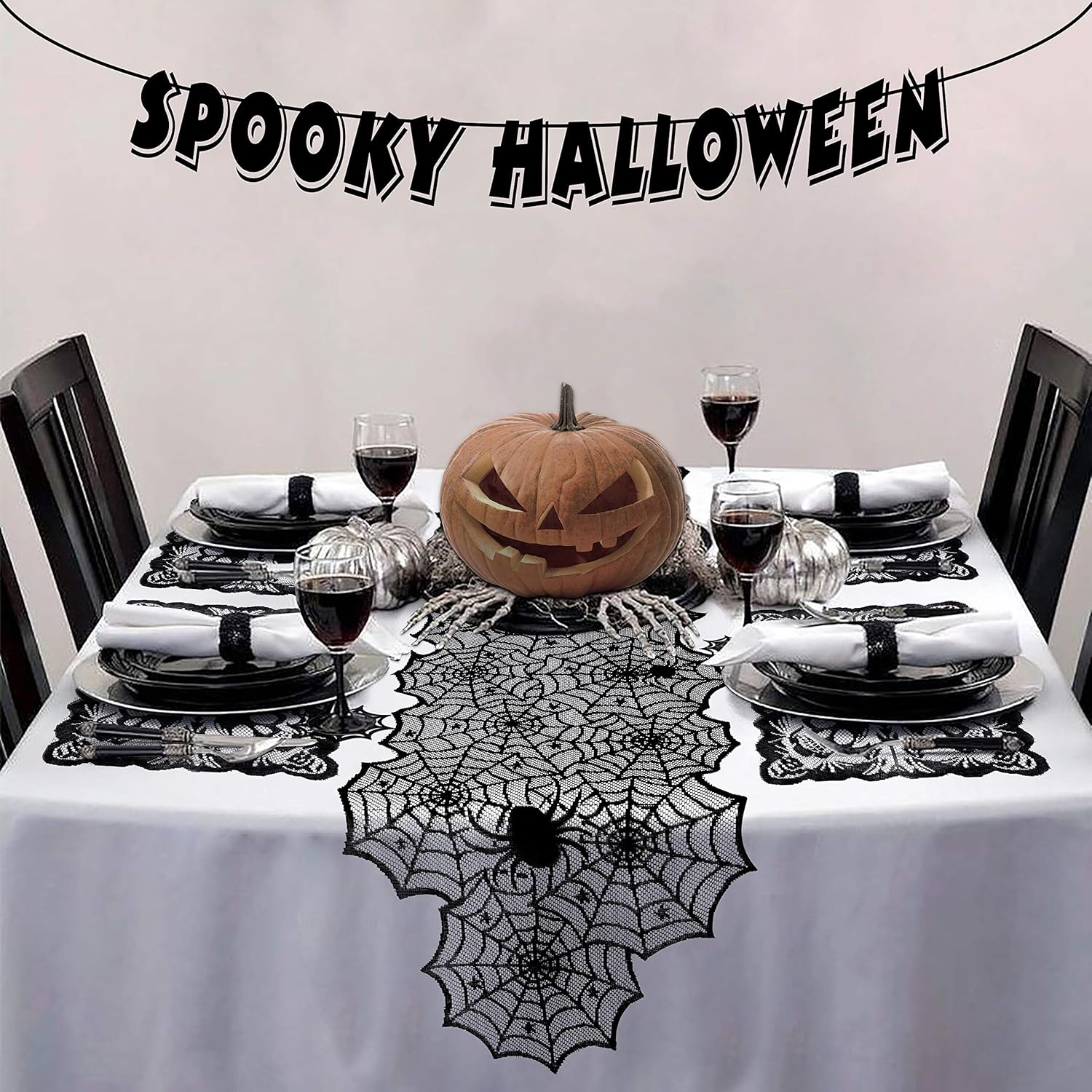 Halloween Table Decorations Set - Spider Web Table Runner/Skull Placemats/Spiderweb Cup Coasters- Desk Hallowmas Decor Party Supplies: Kitchen & Dining