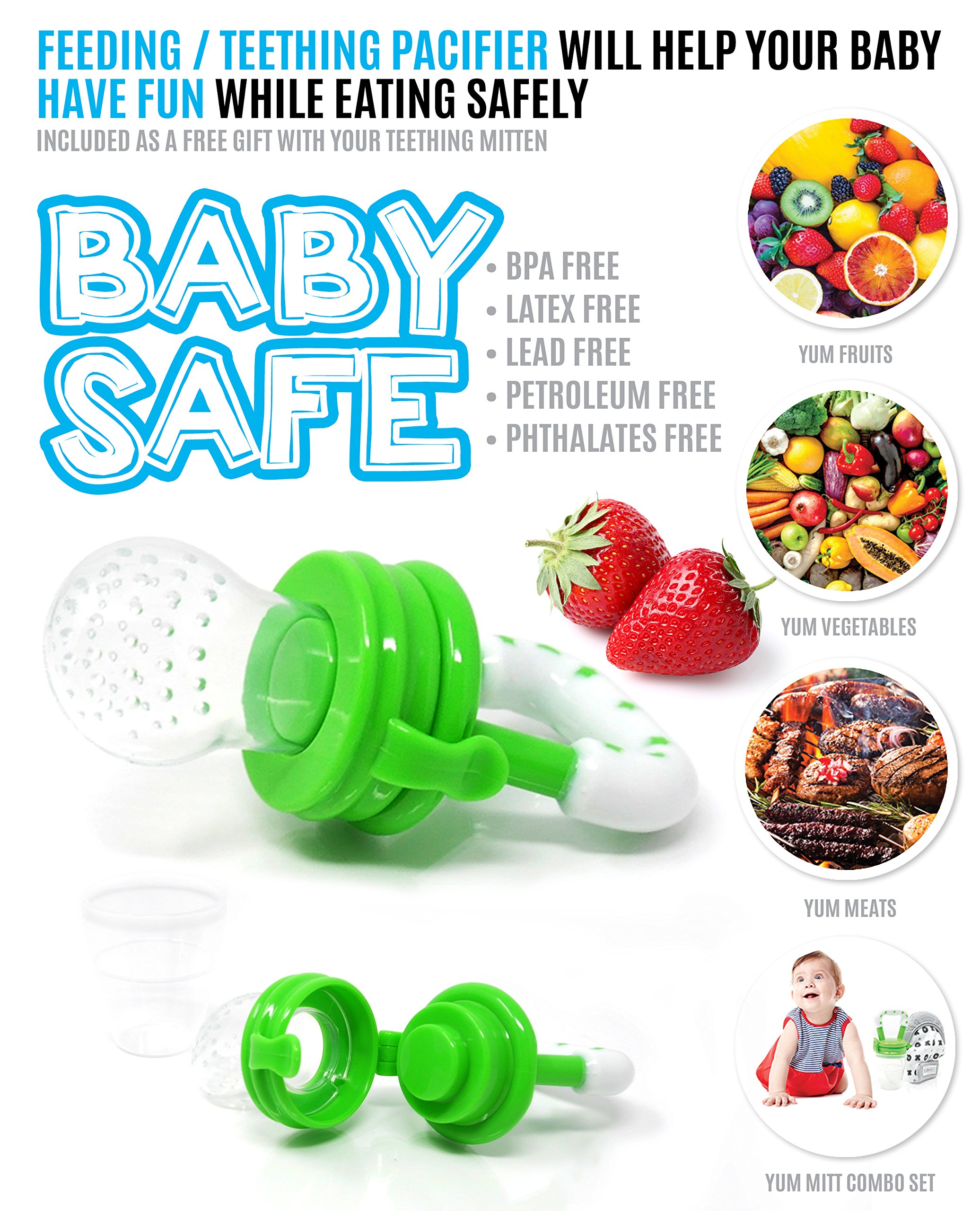 Teething Mitten for Babies with Fruit Feeder Pacifier - Baby Teething Toys for Self Soothing Gum Pain Relief. Infant Chew Glove Teether Mittens with Hygienic Travel Bag - Mitts for Boy or Girl (Grey)