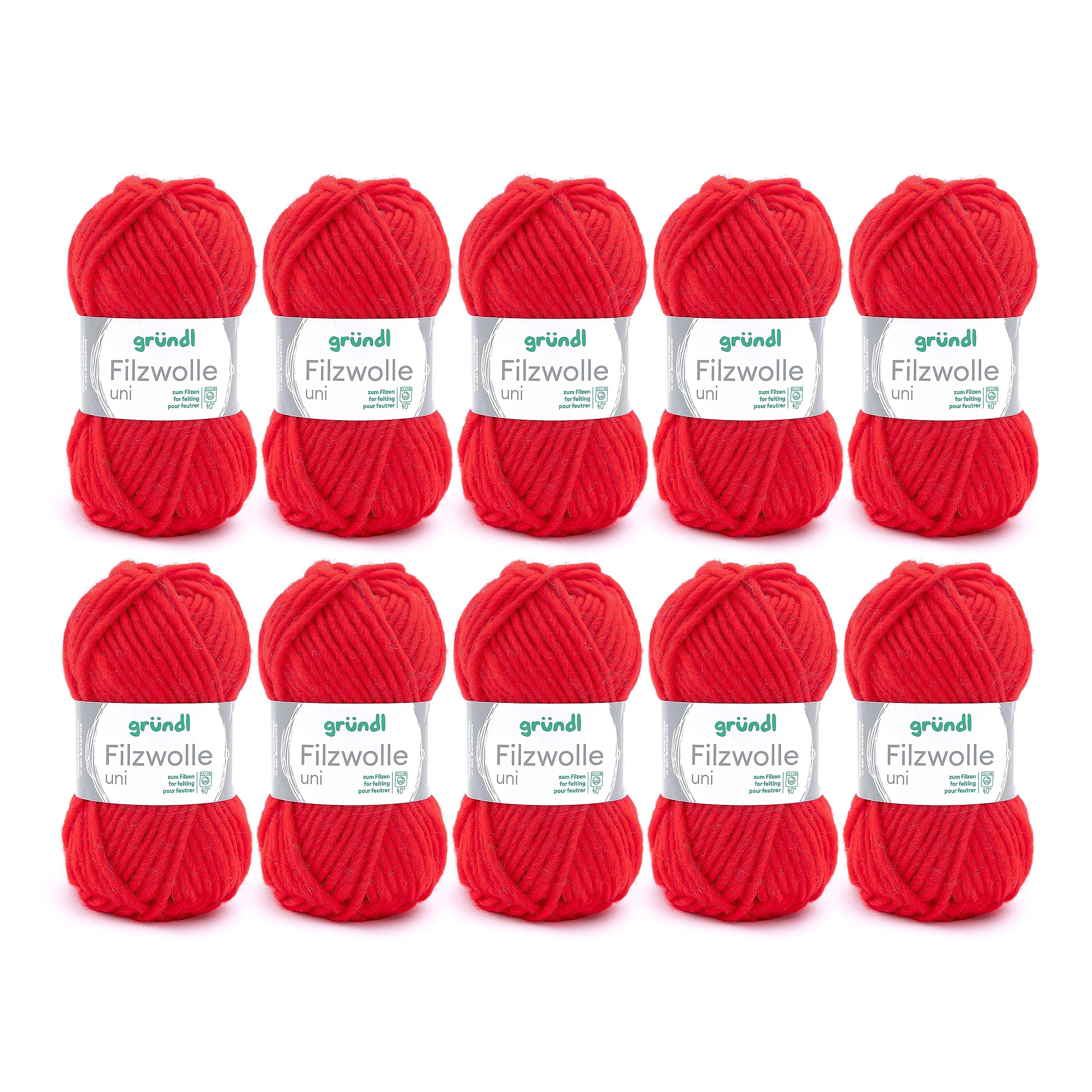 Gründl felting wool uni (wool for felting, knitting and crocheting, yarn made from 100% pure new wool, 50 g / 50 m, needle size: 8-9, 10 x 50 g), signal red