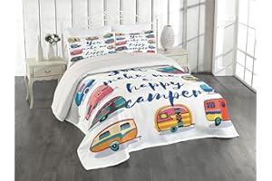 Lunarable Camper Coverlet Set King Size, You Make Me Happy Camper Motivational Words with Caravans Retro Style Travel Graphic, 3 Piece Decorative Quilted Bedspread Set with 2 Pillow Shams, Navy White