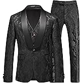 MOGU Mens 3 Piece Floral Suit Jacquard Dress Tuxedo Suit Set for Wedding Prom Jacket Vest Pants with Bow Tie