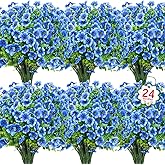 Ouddy Decor 24 Bundles Artificial Flowers for Outdoors Fake Silk Flowers UV Resistant Faux Plastic Plants for Spring Summer Garden Porch Window Box Table Vase Home Indoor Outdoor Decoration, Blue
