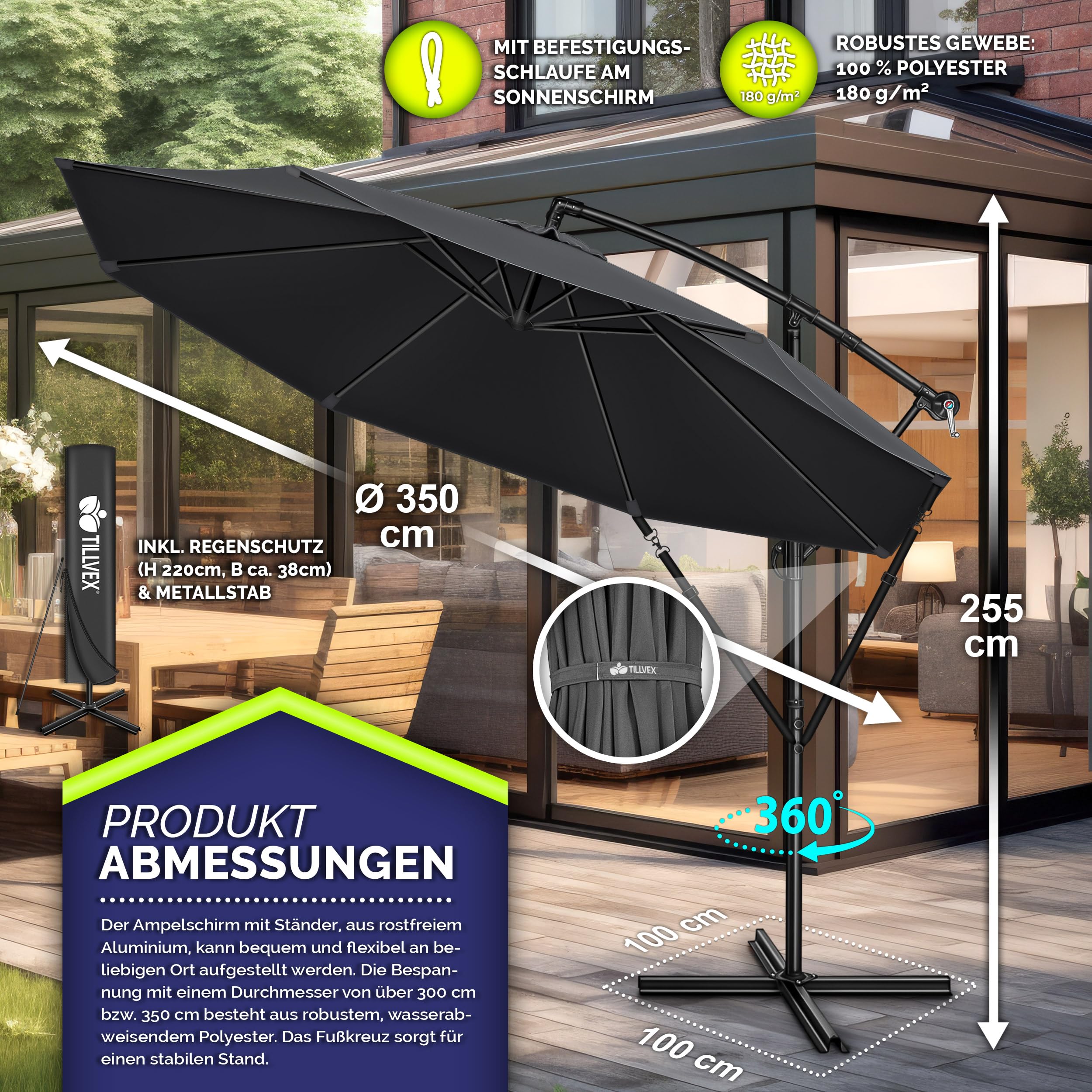 tillvex Alu Sonnenschirm + Abdeckung Ø 300 cm mit Kurbel | Ampelschirm mit Ständer & Windschutz | Gartenschirm UV-Schutz Aluminium | Kurbelschirm Marktschirm wasserdicht 360° drehbar Anthrazit 5