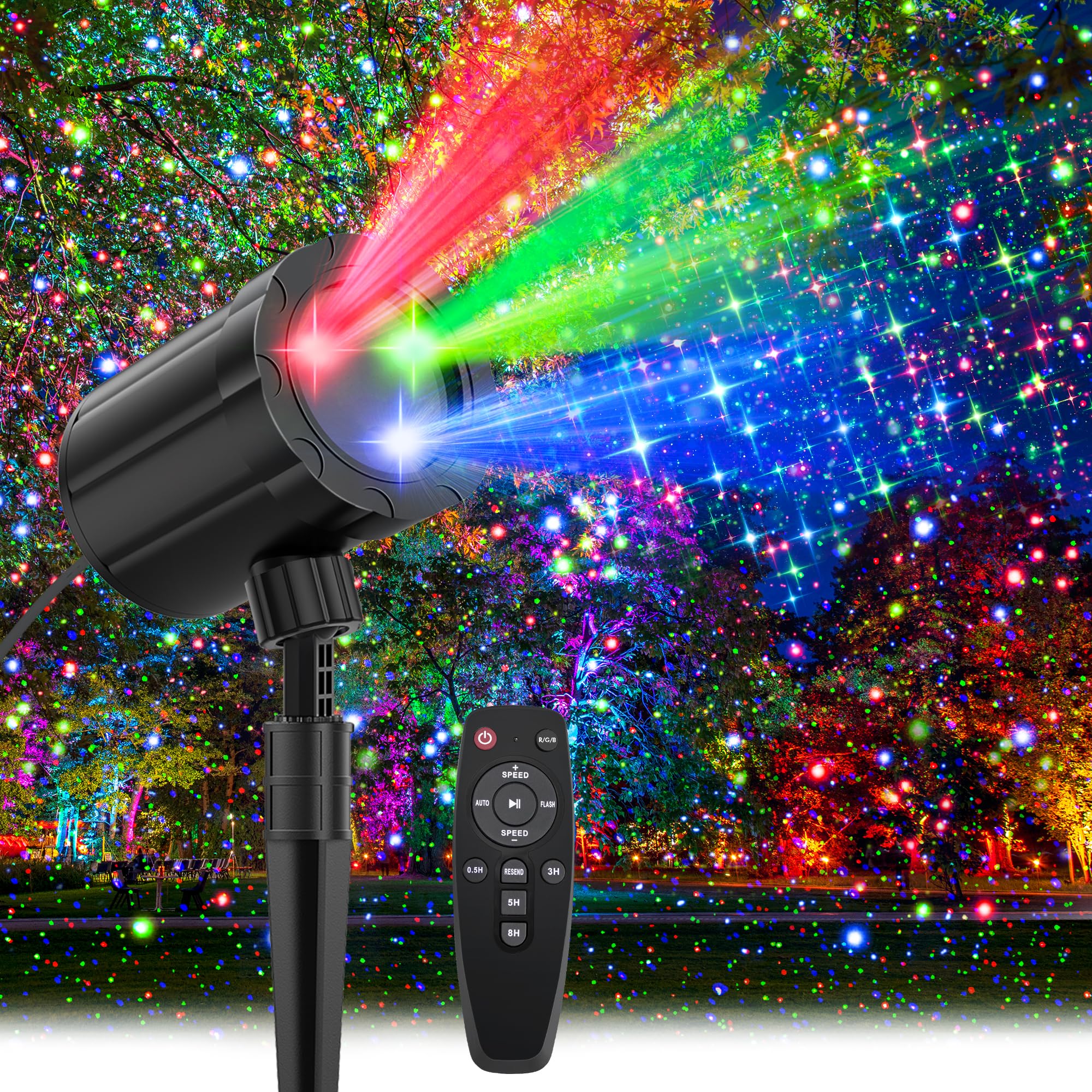View 1 of Christmas Projector Lights Outdoor, GUSODOR RGB 3 Colors Starry Sky Effects Projection Light with Remote & Timer, IP65 Waterproof Projector Lights for Indoor Outdoor Christmas Decorations