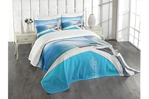 Lunarable Aqua Bedspread, Architecture of The Santorini Island Greece Swimming Pool Blue White Hotel Sea View, Decorative Quilted 3 Piece Coverlet Set with 2 Pillow Shams, Queen Size, Blue and White