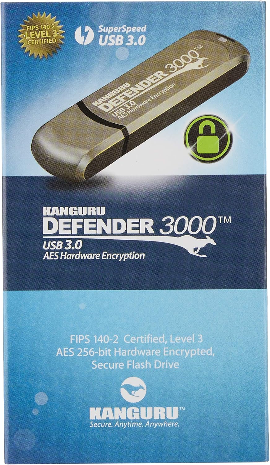 Kanguru Defender 3000 - 16 GB Hardware Encrypted Flash Drive - FIPS 140-2 Level 3 Certified - SuperSpeed USB 3.0 - Water Resistant