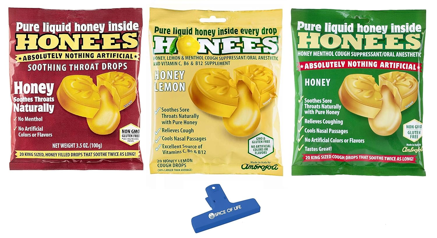 Honees Cough Drops Variety, Honey, Honey Lemon, and All Natural King Sized Honey, 3 Pack Total 60 drops with Spice of Life Bag Clip