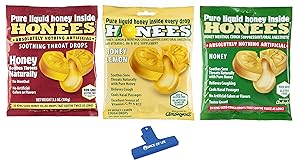 Honees Cough Drops Variety, Honey, Honey Lemon, and All Natural King Sized Honey, 3 Pack Total 60 drops with Spice of Life Bag Clip