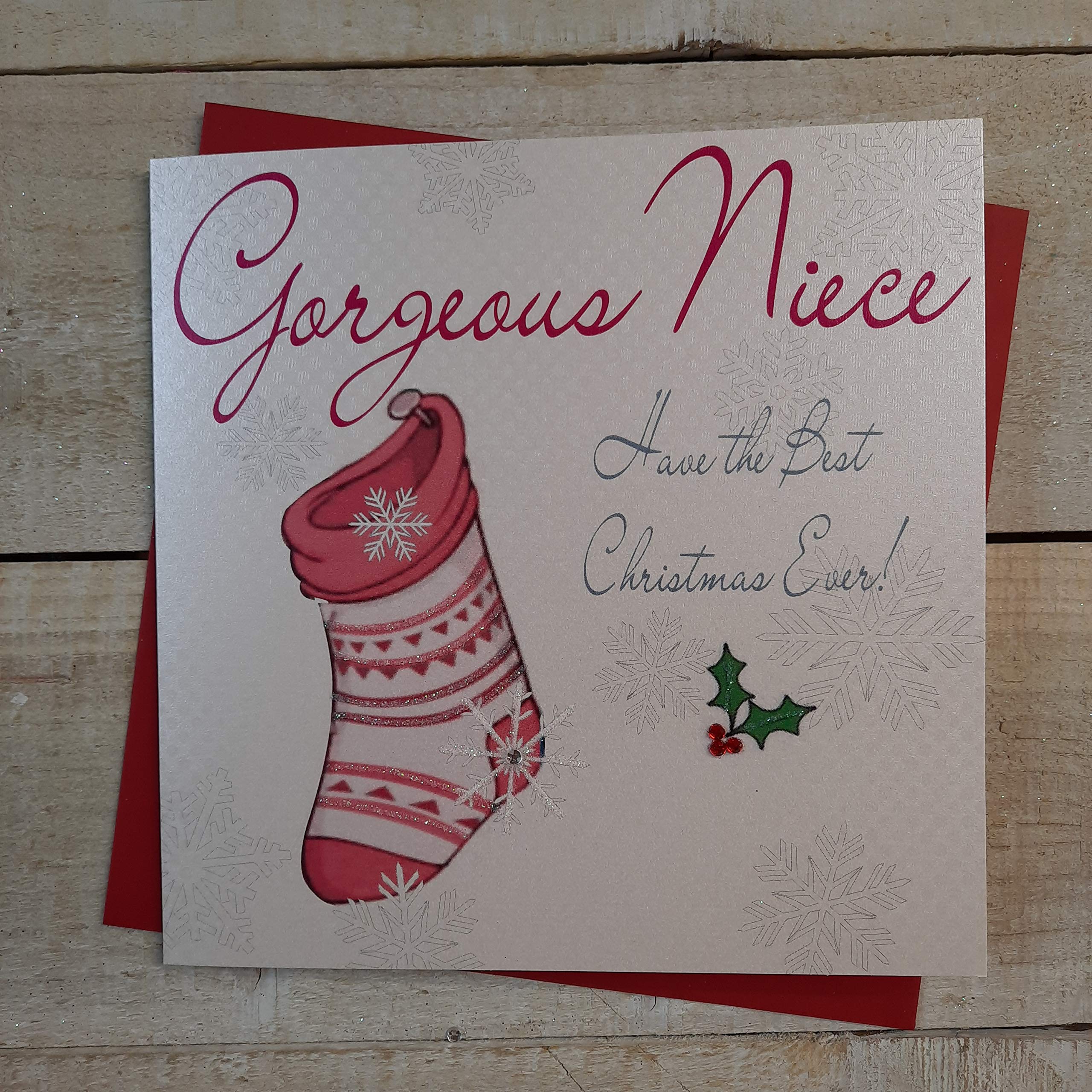 WHITE COTTON CARDS Gorgeous Niece Handmade Christmas Card (Pink Stocking)