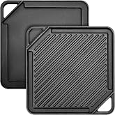 GGC Cast Iron Reversible Griddle | Double-sided Griddle Pan for Stove Tops and Gas Grills, 10"x 10" Square Baking Flat and Ribbed Griddle for Camping stoves