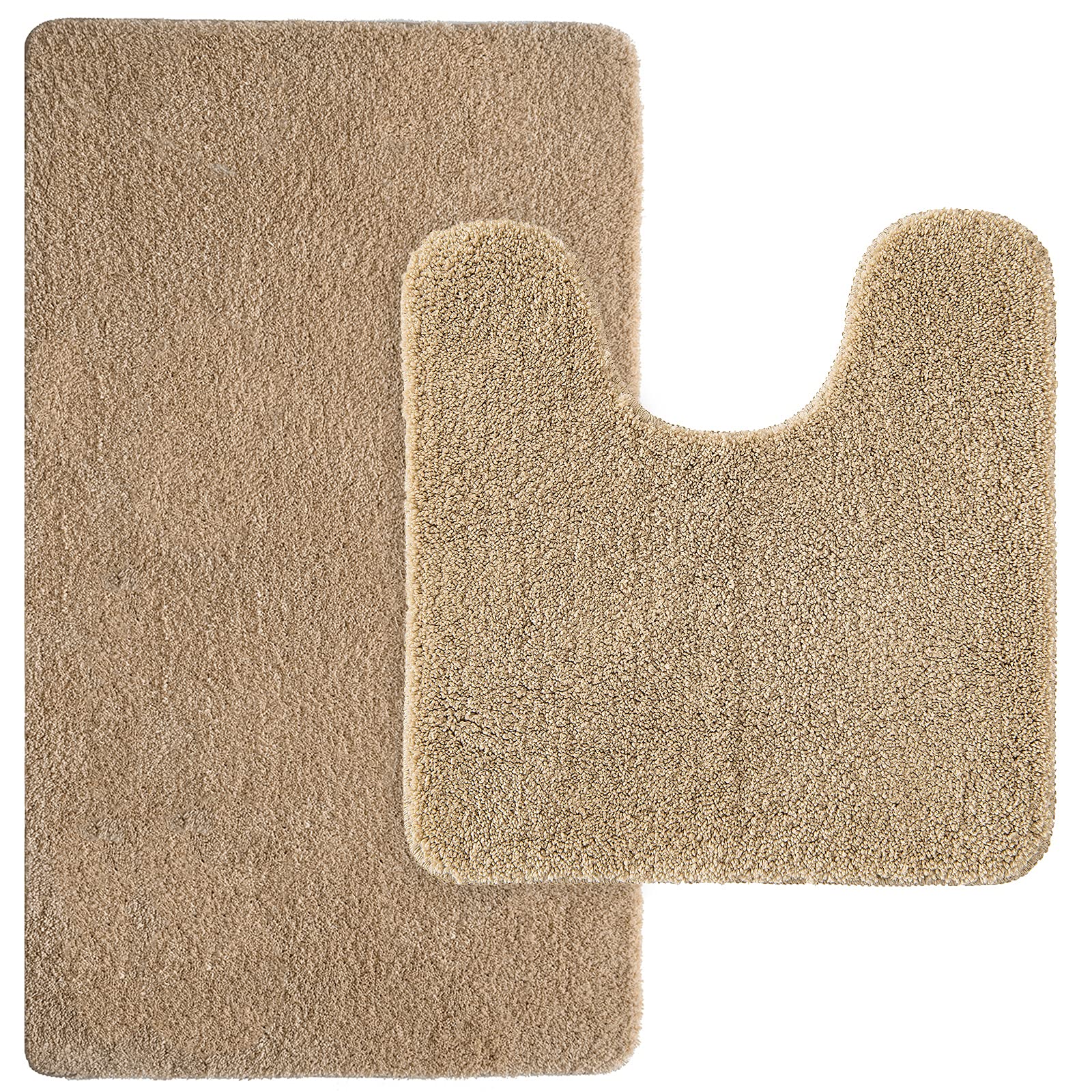 MIULEE Absorbent Bath Mat Set 2 Pieces Non Slip Bath Rug 40x60cm and U Shape WC Toilet Rug 45x45cm with High Hydroscopicity Rugs Super Soft Cozy and Shaggy Microfiber Rug Carpet for Bathroom Beige