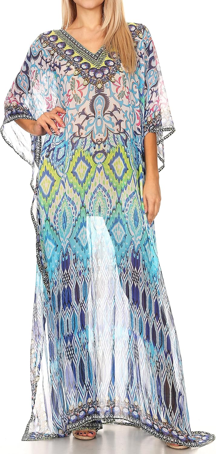 Sakkas P4 Longkaftan Wilder Printed Design Long Semi Sheer Caftan Dress Cover Up 17143 Blackturquoise Os At Amazon Women S Clothing Store