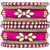 Aheli Silk Thread Kundan Studded Chura Chuda Bangle Set Gift for Women (2.8 inch, Rani Pink)