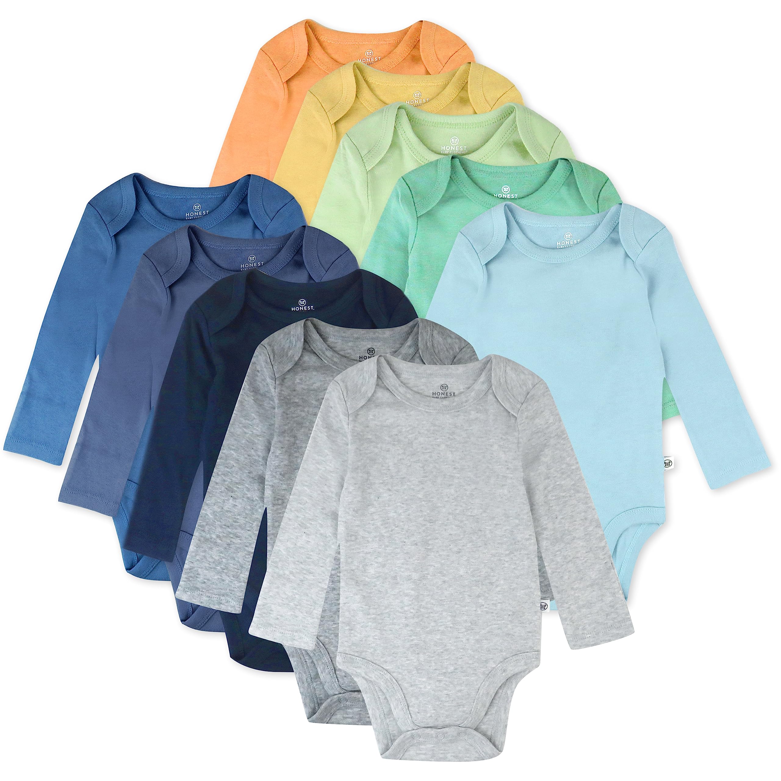 HonestBaby 10-Pack Long Sleeve Bodysuits One-piece 100% Organic Cotton for Infant Baby Boys, Girls, Unisex , Rainbow Blues, 18 Months