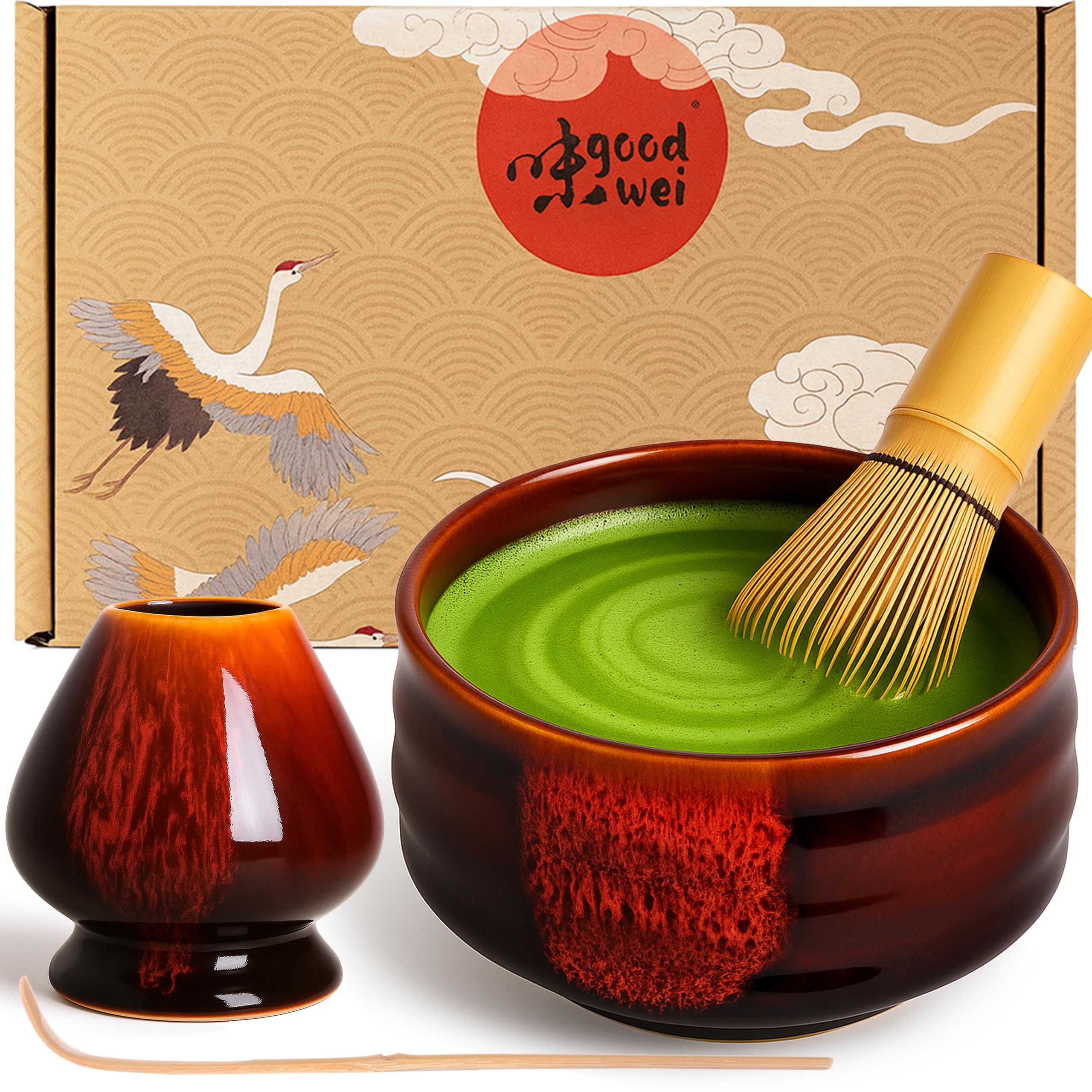 Goodwei Matcha Set with Matcha Whisk, Spoon and Ceramic Matcha Bowl with Whisk Holder in Matching Design | Artisanal Matcha Tea Bowl Chawan | Gift Set (Akai, 120)