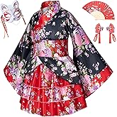 Japanese Traditional Dress Kimono Robe for Kids Girls Costume Silk Folding Fans hairstick Fox mask Set Cosplay