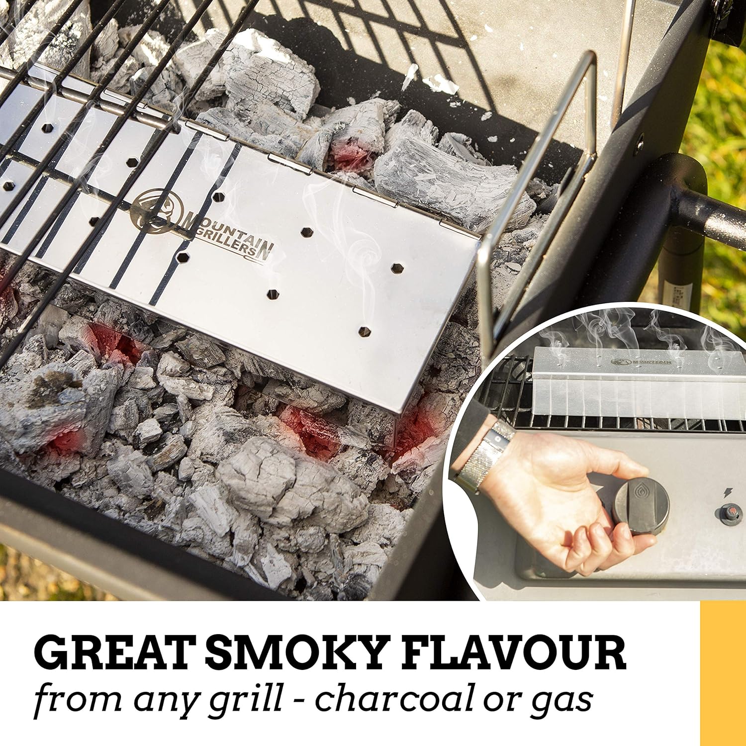 Smoker Box for Wood Chips - Use a Gas or Charcoal BBQ Grill and Still Get That Delicious Smoky Barbecue Flavored Grilled Meat - Hinged Lid for Easy Access (polished finish stainless steel): Kitchen & Dining