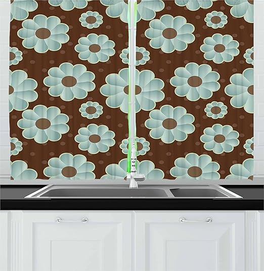 Amazon Com Ambesonne Brown And Blue Kitchen Curtains Retro Daisy