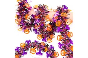 HUYAMAP 33FT Halloween Tinsel Garland with Pumpkin Bat Ornaments, Shiny Metallic Twist Garland Outdoor Indoor Halloween Decorations for Mantel Staircase Fireplace Home Classroom Party Decor Supplies