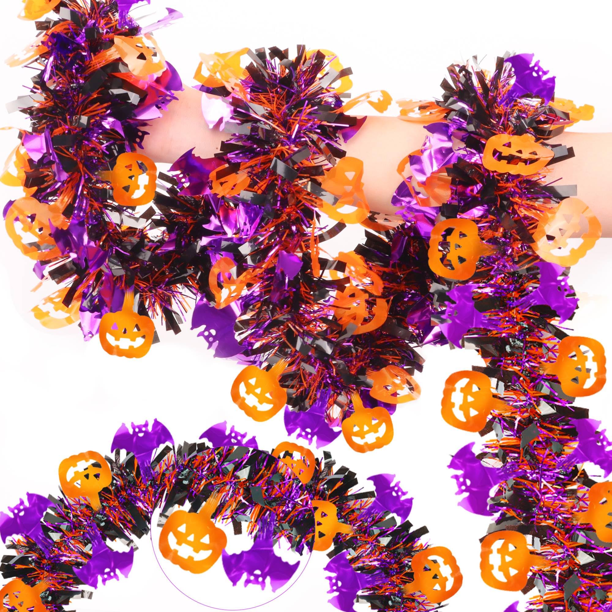 Photo 1 of 33FT Halloween Tinsel Garland with Pumpkin Bat Ornaments, Shiny Metallic Twist Garland Outdoor Indoor Halloween Decorations for Mantel Staircase Fireplace Home Classroom Party Decor Supplies
