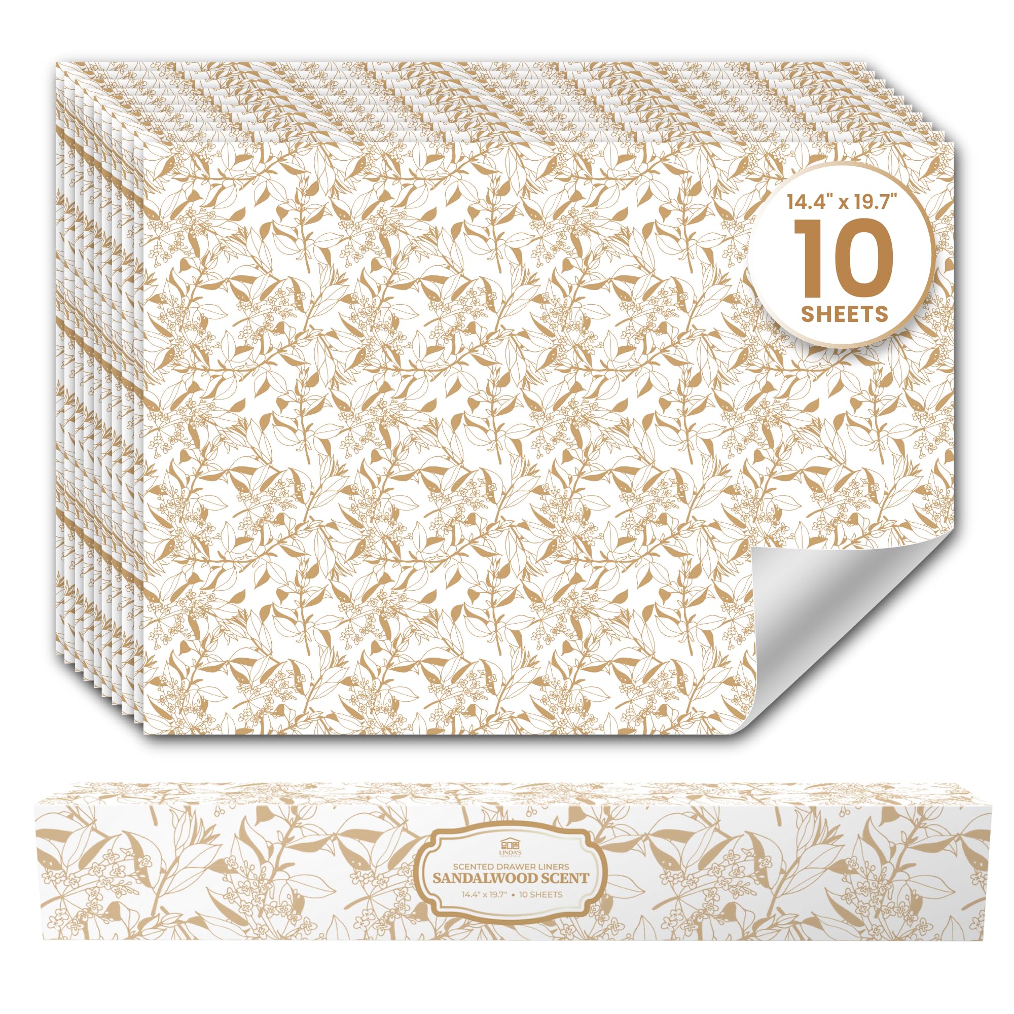 Sandalwood Scented Drawer Liners for Dresser Drawers (10 Large Sheets, 19.7" x 14.4") - Non Adhesive Drawer Paper Liner for Bedroom Dresser & Closet Shelves by Linda’s Essentials
