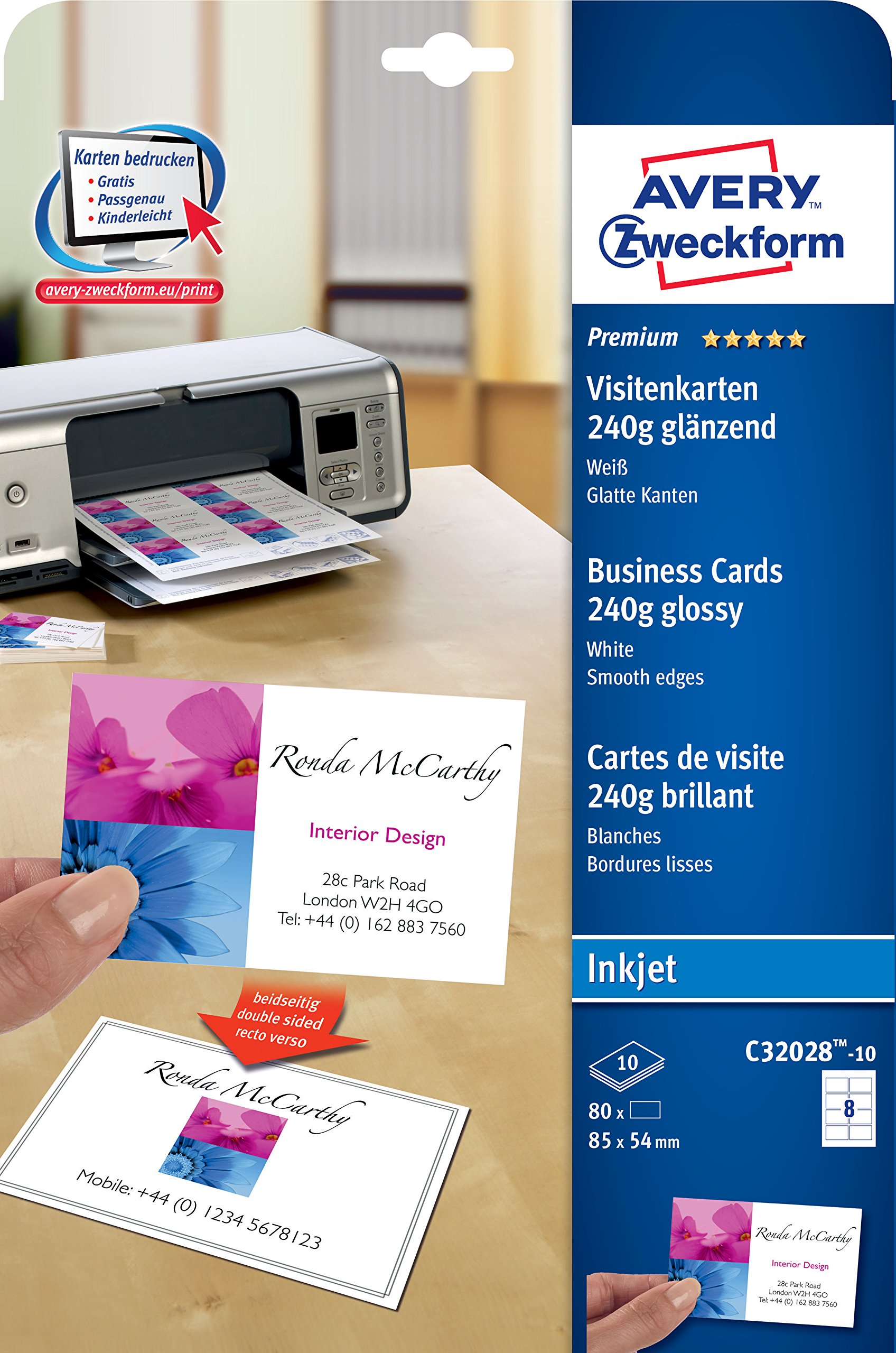 Avery Quick and Clean Business Cards Inkjet 220gsm 8 per Sheet Gloss Ref C32028-10 [80 Cards]