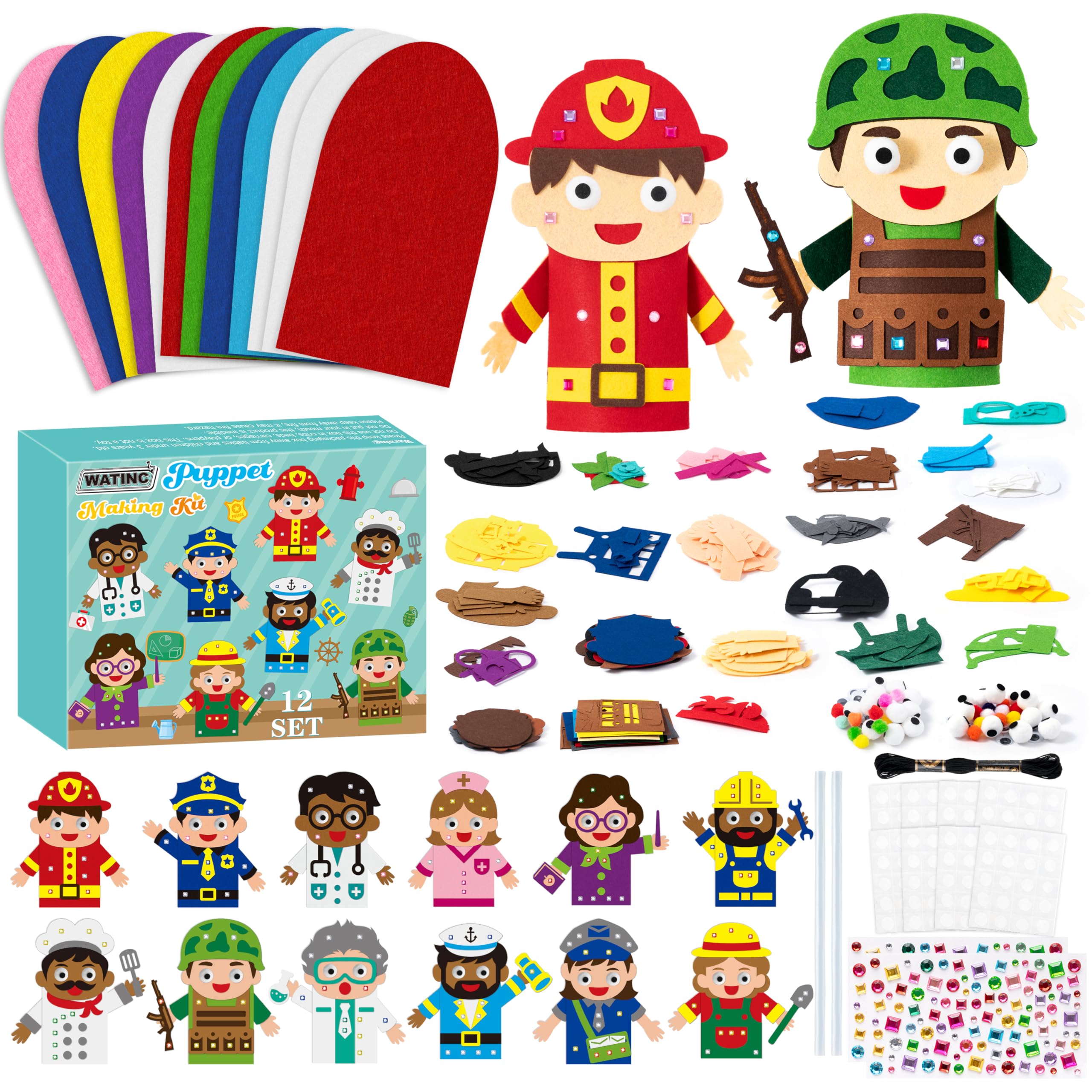 WATINC 12Pcs Hand Puppet Making Kit, Art Craft Felt Sock Puppet Toys, Creative DIY Make Your Own Pompoms Wiggle Googly Eyes Storytelling Role Play Party Supplies Gift for Girls Boys (Career)