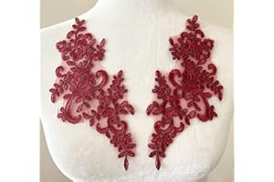 PEPPERLONELY 1 Pair Fine Lace Fabric Patches Embroidered Trim Applique Decor Dress Decoration, Wine Red, 10 X 6 Inch