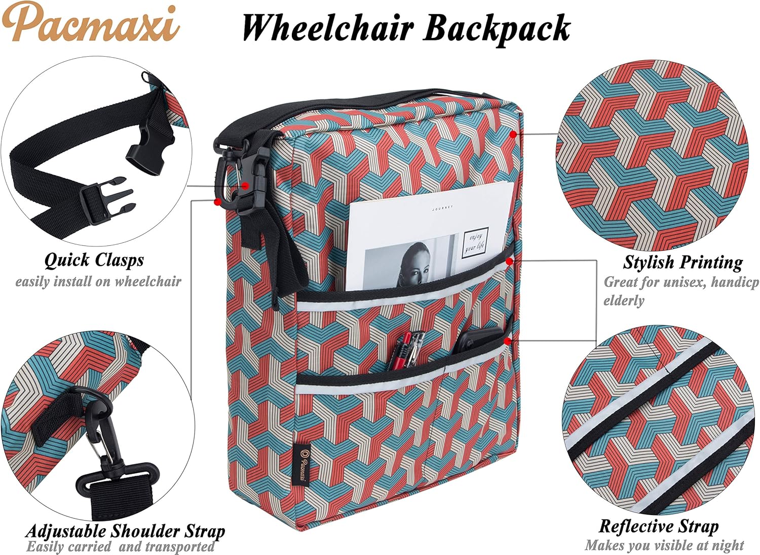 Wheelchair Bag by Pacmaxi - Wheelchair Backpack Bag with Reflective Tape - Wheelchair Accessories Storage Bag - Walker Accessible Pouch and Pockets for Unisex Handicap Elderly (Colorful): Health & Personal Care