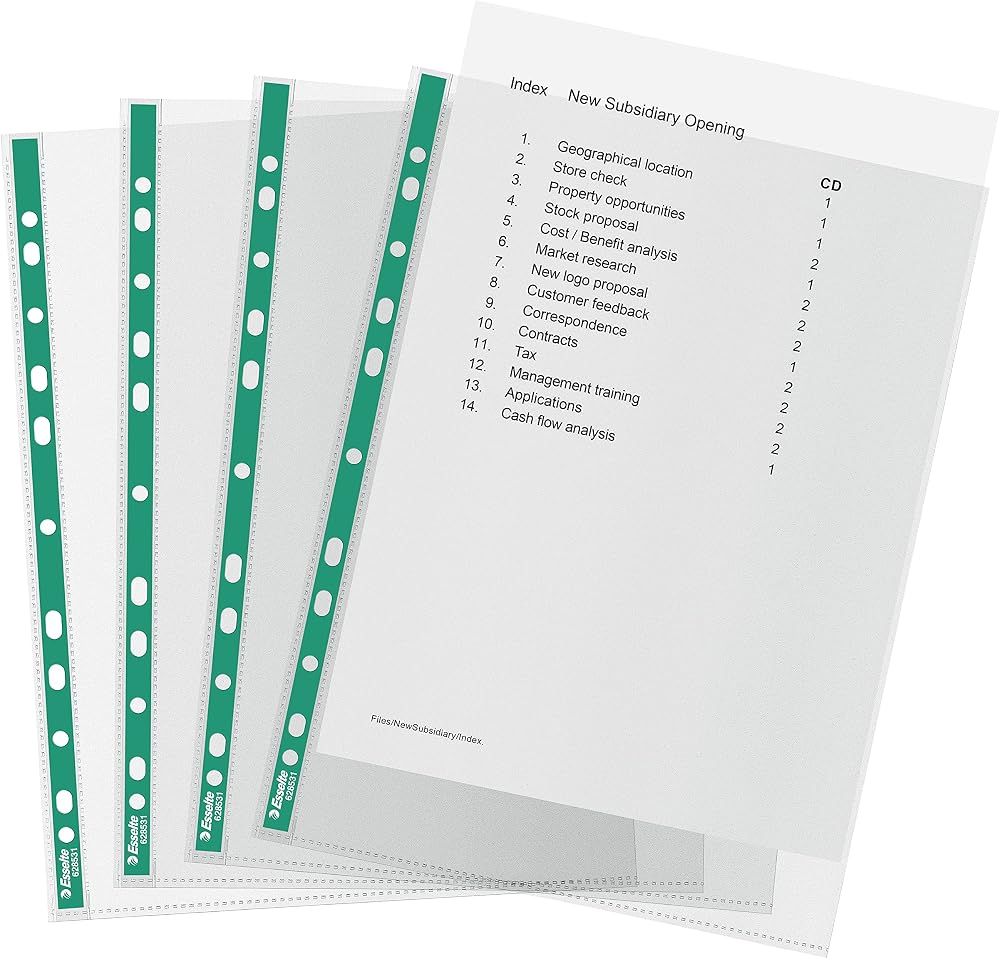Esselte A4 Punched Pockets 200 x Poly Pockets 34 Micron Green Spine 200 Pack