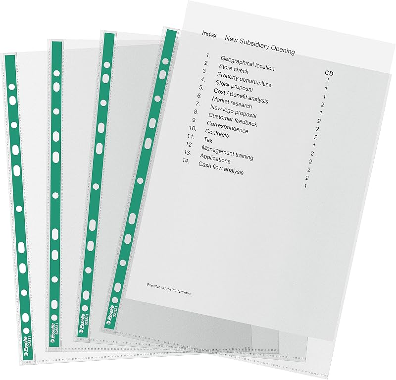 Esselte A4 Punched Pockets 200 x Poly Pockets 34 Micron Green Spine 200 Pack