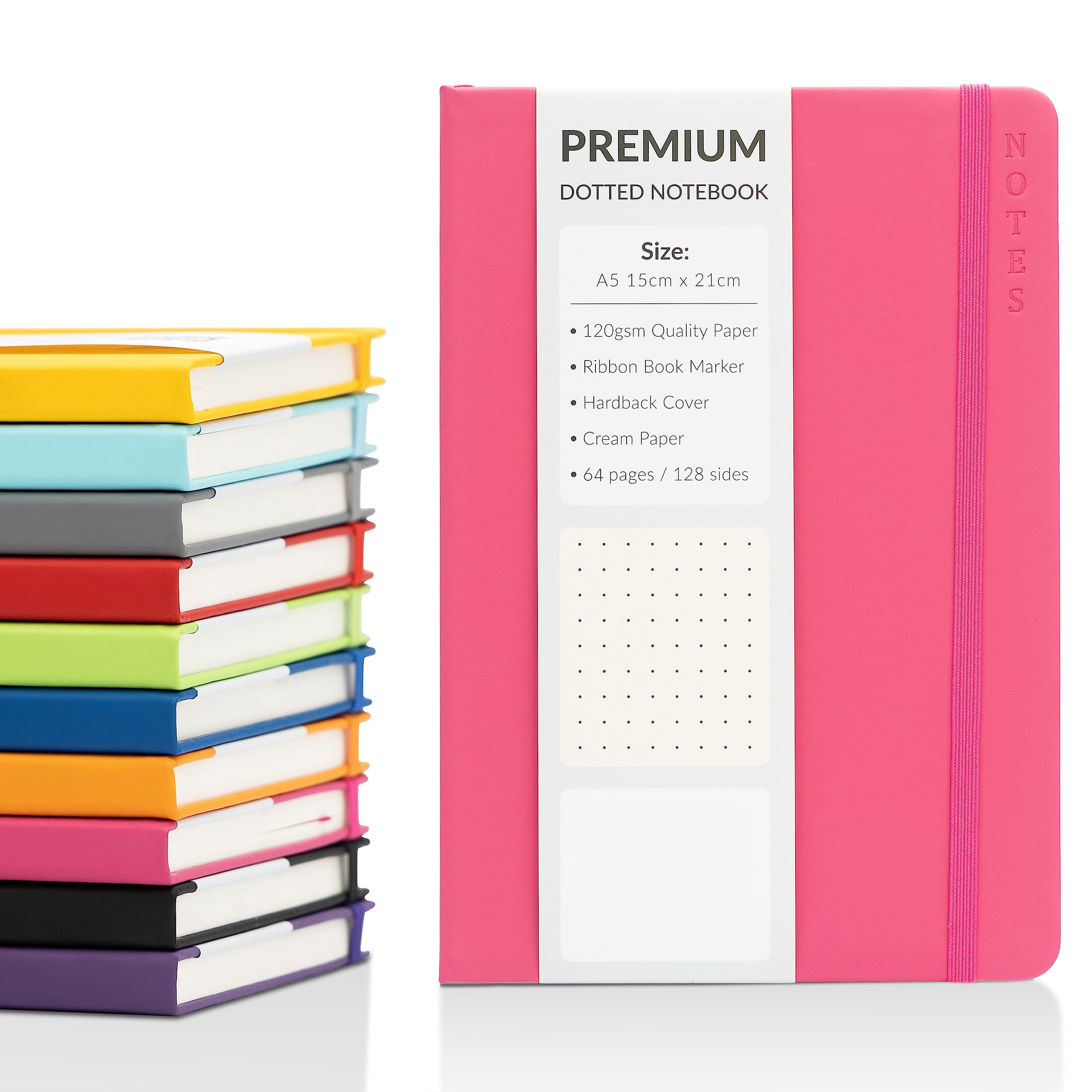 Bullet Journal A5 Dotted Notebook with Faux Leather Hardback Cover and Premium 120gsm Thick Dot Grid Paper (128 Cream Pages, Cerise) — image 1