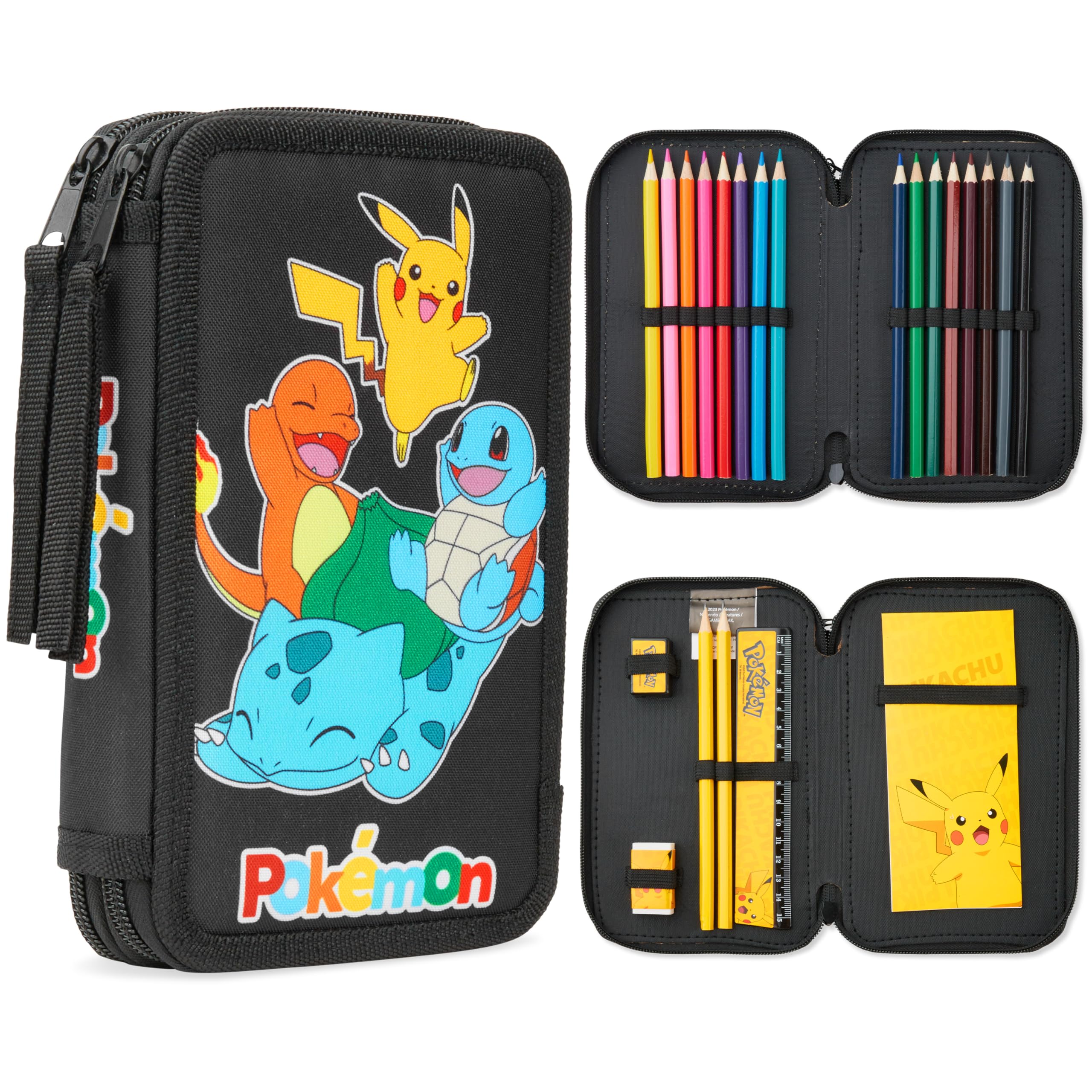 Pokémon Pencil Case for Kids Teen Filled with Anime School Supplies Stationery Set Pikachu Pen Case Multiple Compartments Drawing Writing Colouring Set (Charmander Pikachu Squirtle Bulbasaur)