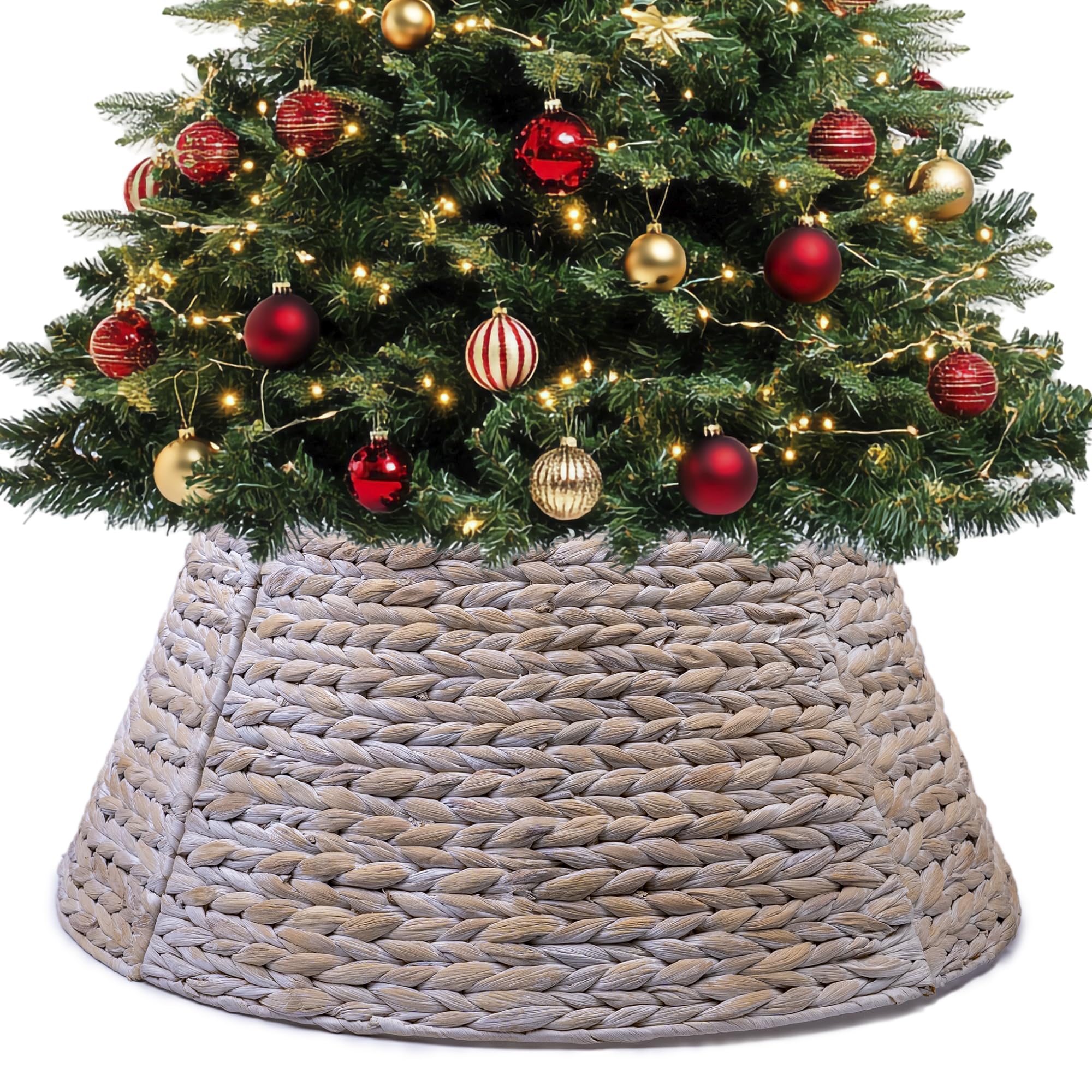 Photo 1 of KOLWOVEN Tree Collar Large to Small Christmas Tree, 28" Christmas Tree Ring Adjustable Water Hyacinth Skirt, Christmas Tree Skirt for Decoration, Base Protection from Pets (Water Hyacinth-White)