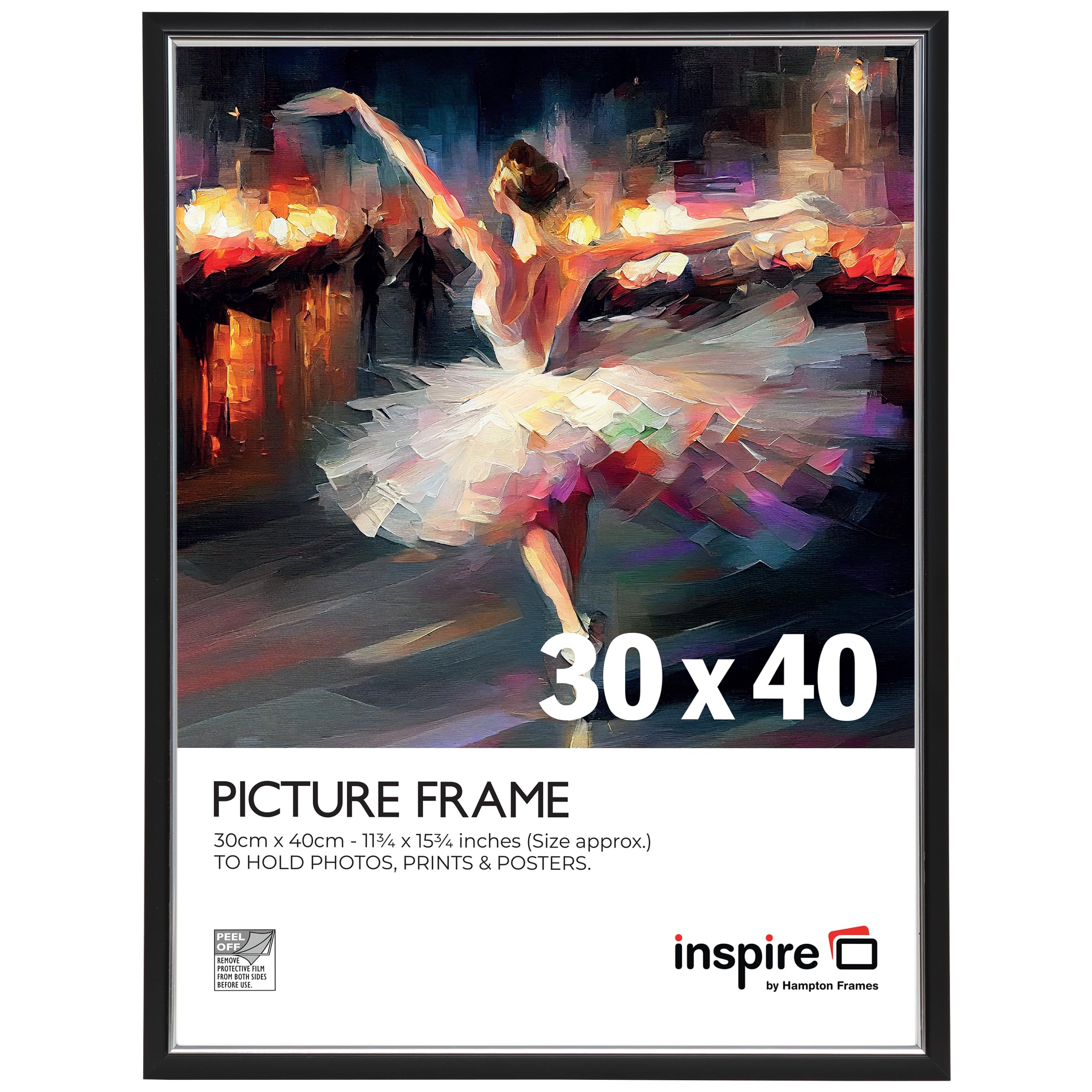 inspire by Hampton Frames | Picture Poster Frame | 30x40cm, Black, Plastic, Foil Wrapped | Acrylic Front, Wall Mount, Drop-In Back | Display Photos, Certificates, Posters