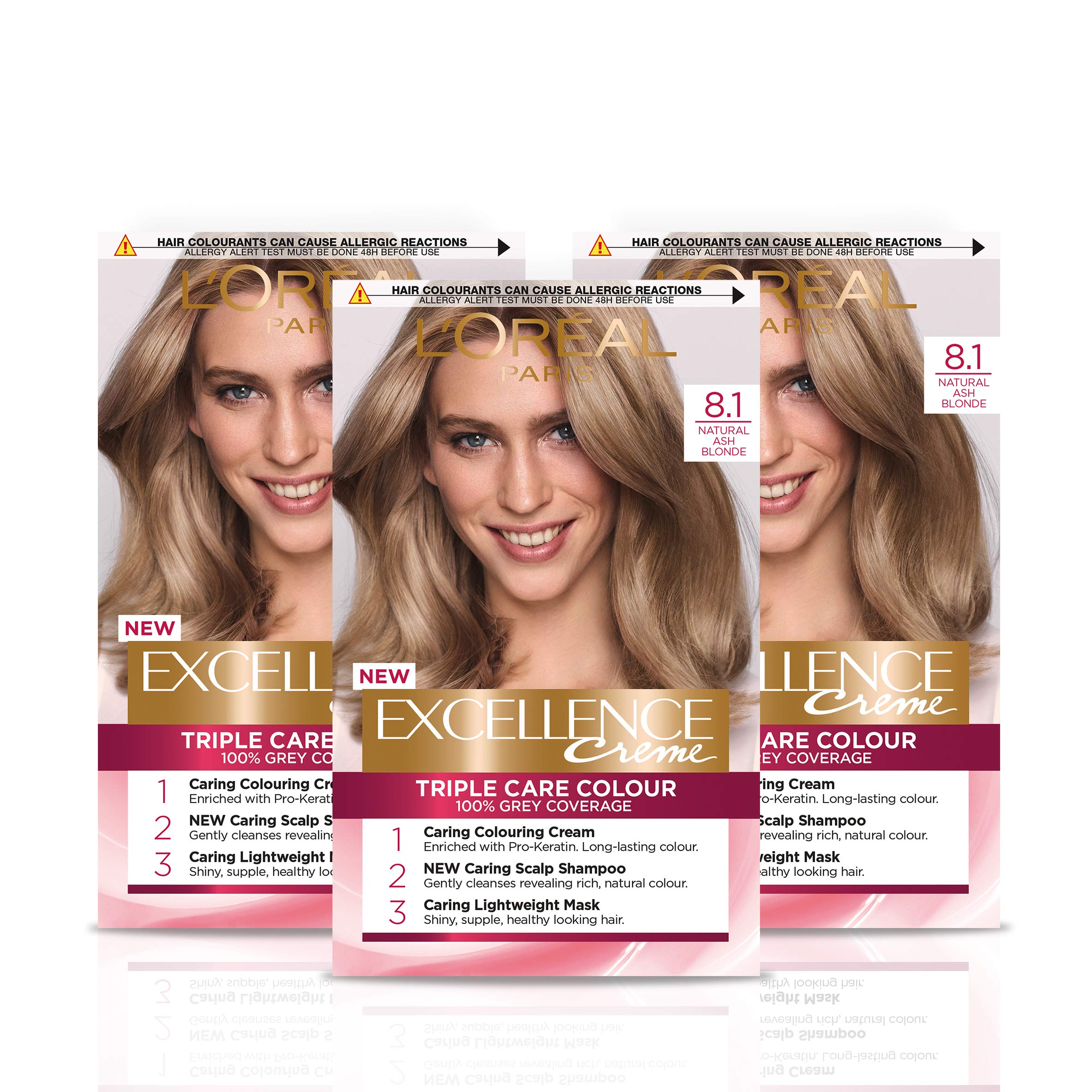 L'Oréal Paris Excellence Crème Permanent Hair Dye, Radiant At-Home Hair Colour with up to 100% Grey Coverage, Pro-Keratin, Up to 8 Weeks of Colour, Pack of 3, Colour: 8.1 Natural Ash Blonde