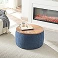 Kakotito Modern Round Storage Ottoman with Wooden Lid,Circle Ottoman Handmade Ottoman Coffee Table,End Table & Footstool for Living Room (Navy)