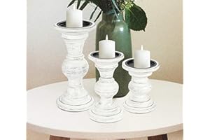 HOMEBIA DESIGNS Candle Stands Wooden for Pillar Candles,Rounded Turned Colums, Sustainable Woods, Country Style, Ideal for Reiki, Aromatherapy, Votive Candle Gardens Home décor - 10,8,6 Inch Set of 3 - Antique White