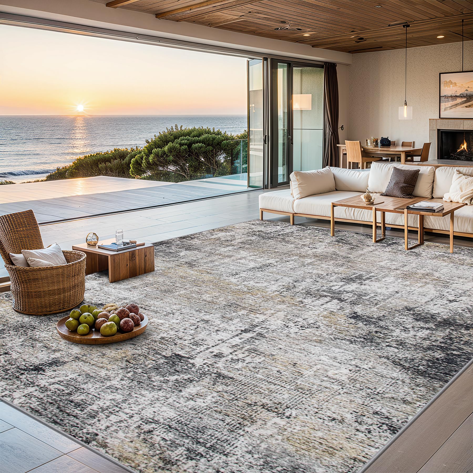 Area Rugs Living Room Rug - 5x7 Washable Modern Abstract Soft Neutral Non-Slip Carpet Large Indoor Floor Thin Carpets for Bedroom Dining Room Farmhouse Nursery Home Office Brown Black Grey Image