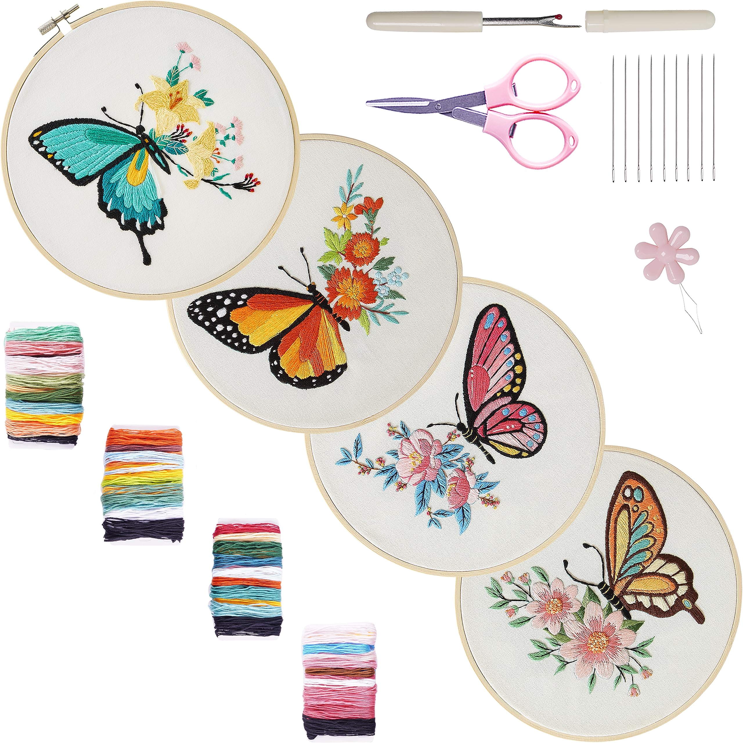 Bonroy 4 Sets Embroidery Kit for Beginners,Embroidery Kit for Art Craft Handy Sewing Include Embroidery Clothes with Pattern,Embroidery Hoops, Instructions,Color Threads Needle Kit (Butterfly), CX-55