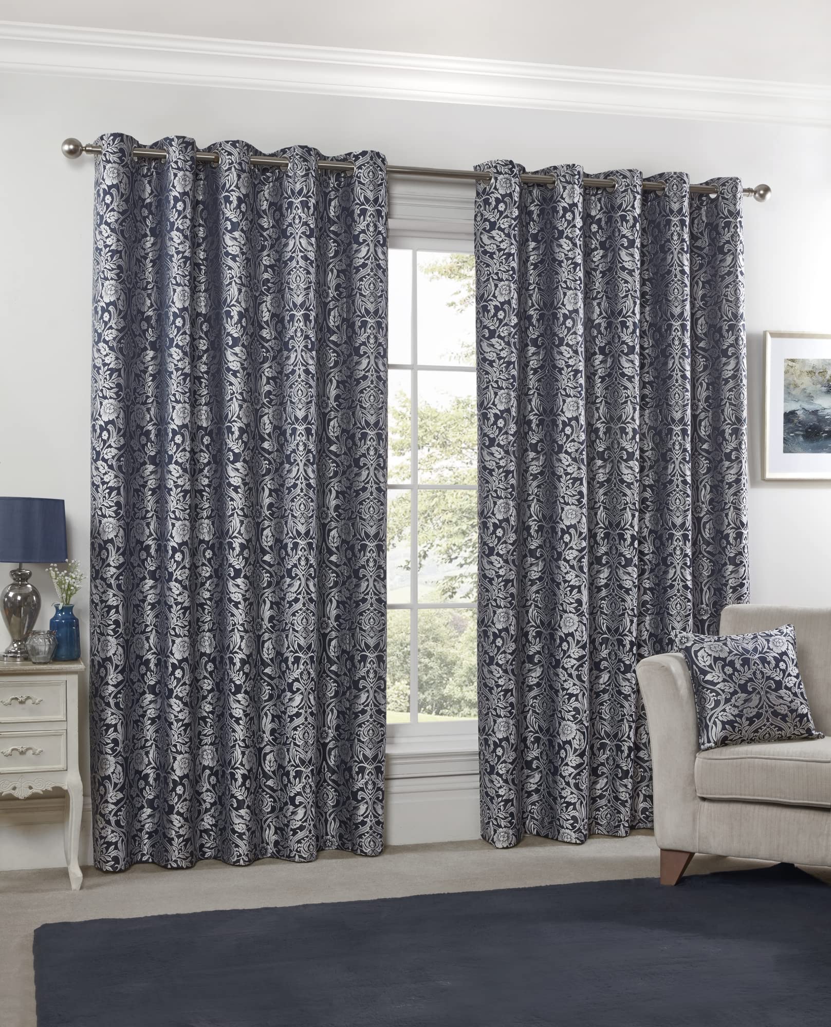 Emma Barclay – Fully Lined Curtains for Bedroom Living Room Jacquard Eyelet Two Panel Damask Curtains Eden Collection (66” x 72” Inch)(Navy)