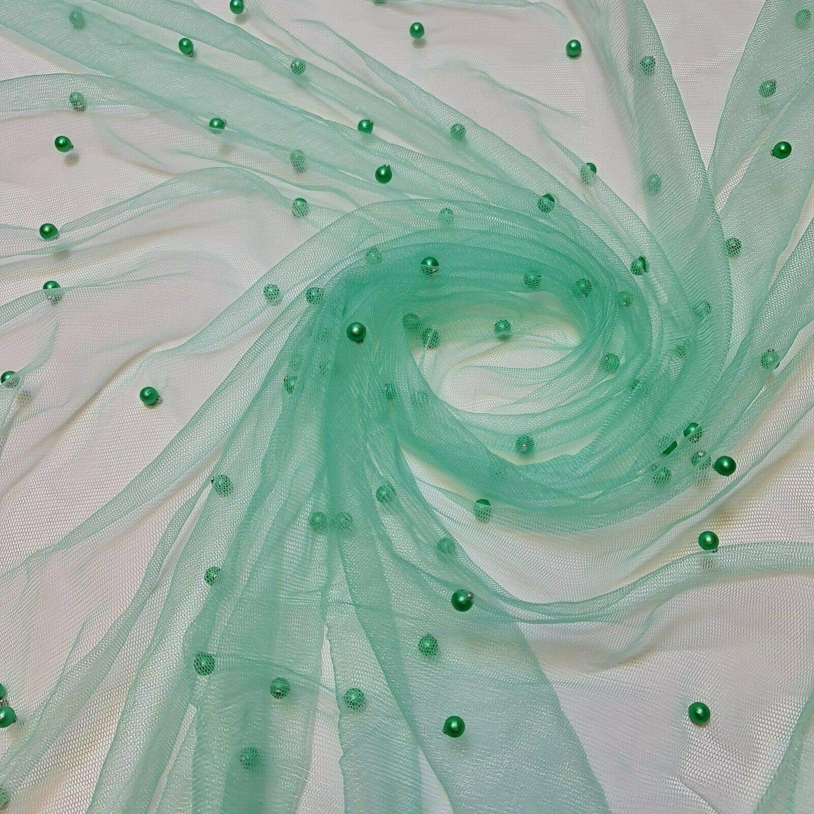 Textile Station 58" Wide Tulle Beaded Pearl Lace Net Fabric Bridal Veil Wedding Backdrop Décor Available in 25 Colours (SEA Green, 1 Meter)