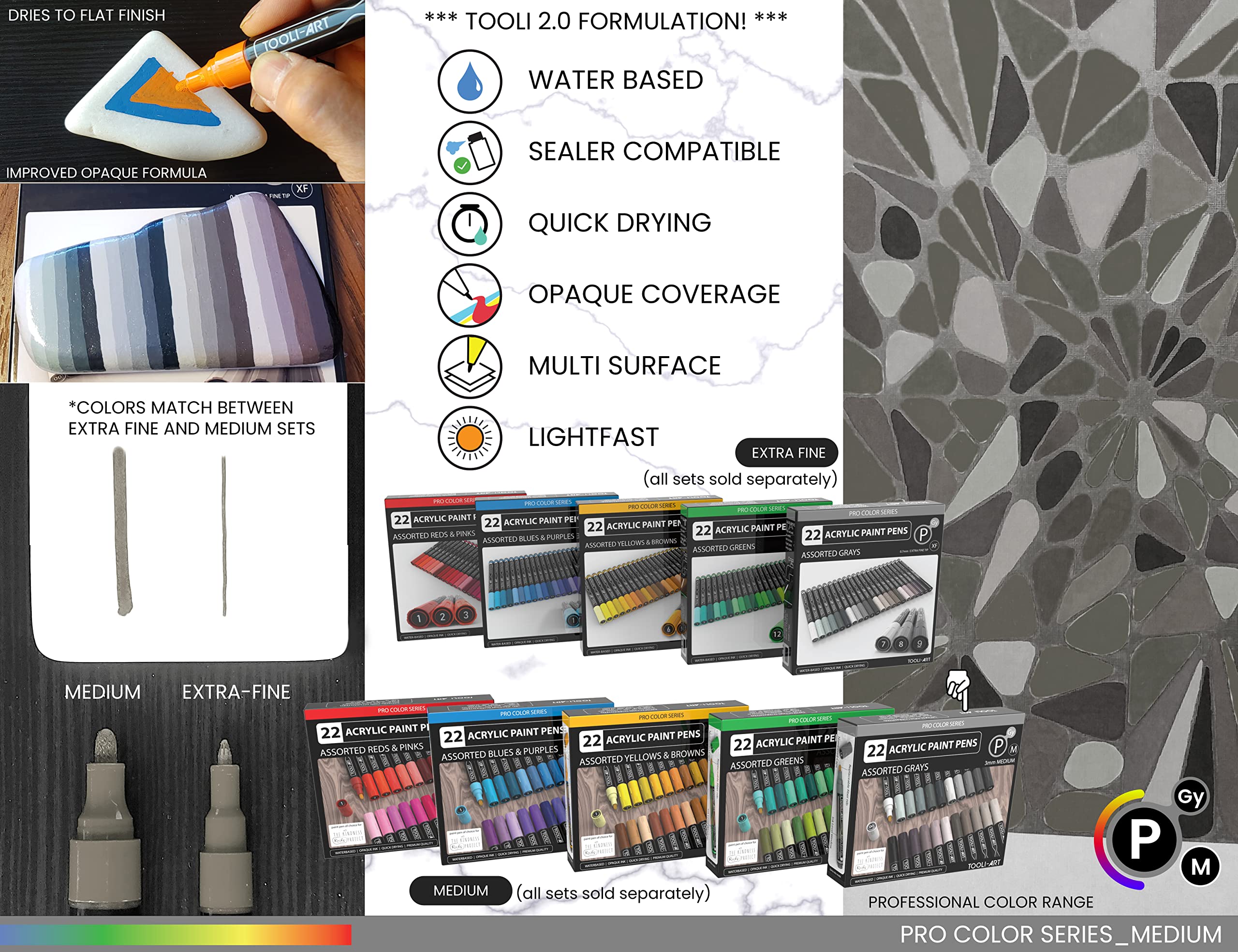 TOOLI-ART Acrylic Paint Pens 22 Assorted Pro Colour Series Markers Set 3mm Medium Tip for Rock Painting, Glass, Mugs, Wood, Metal, Canvas, DIY Projects, Non Toxic, Waterbased, Quick Drying. (GREY)