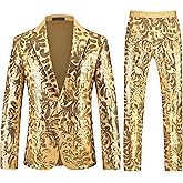 Dbutiy Men's Sequin Suit Set – Slim Fit Wedding Suit 2 Piece, One Button Floral Tuxedo Blazer & Pants for Party, Prom, Disco