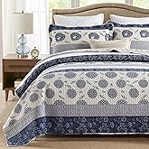 Homzard Quilt Queen Size - Queen Comforter Set,Navy Blue Beige Grey All Cotton Quilted Bedspread Set,Striped Floral Pattern Quilt,Lightweight Paisley 3 Piece Bedding,All Seasons