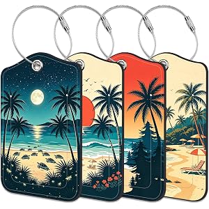 4 Pack Luggage Tags, Beach Palms Luggage Tags for Suitcases PU Leather Suitcase Tags with Privacy Cover ID Label and Stainles
