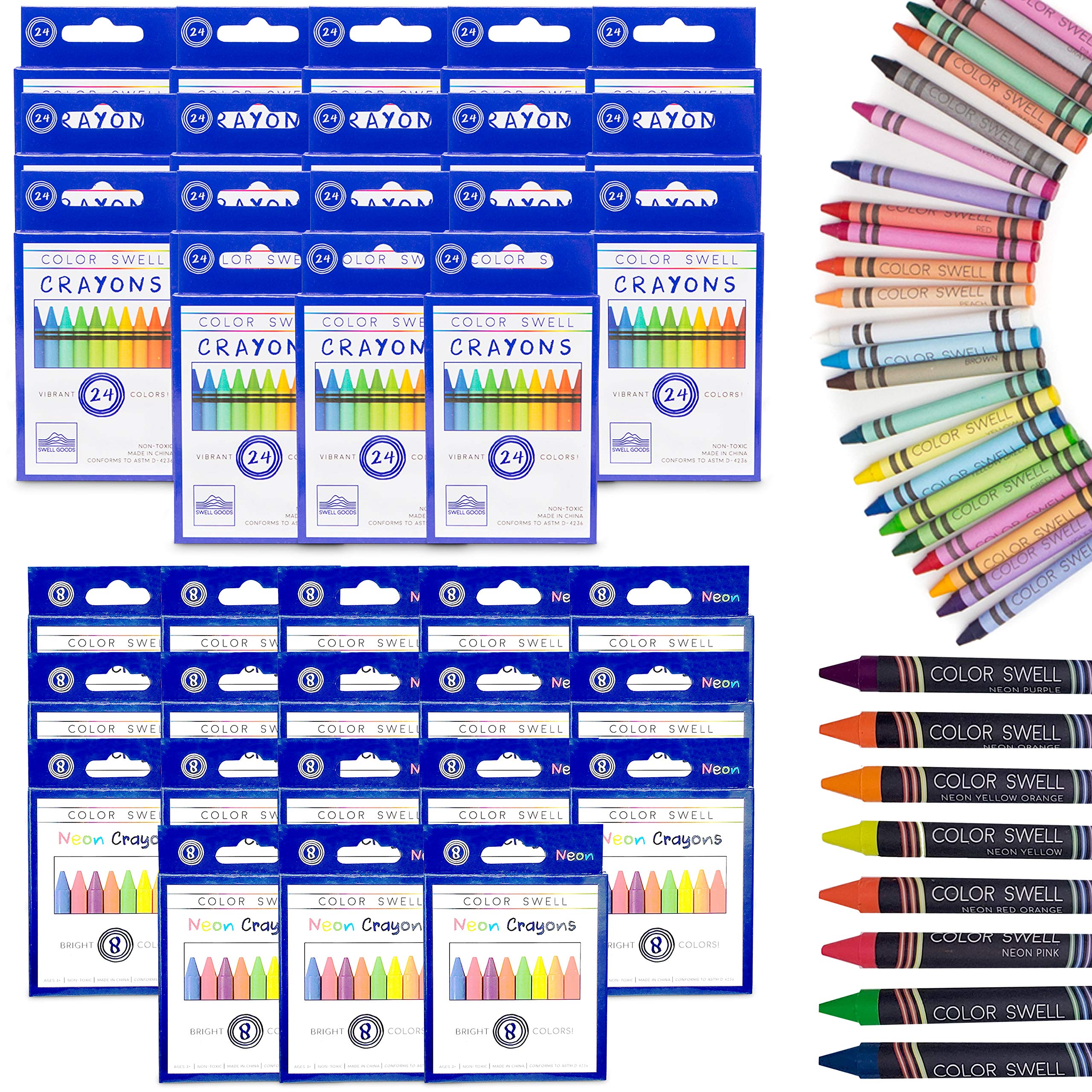 Color Swell Regular and Neon Crayon Bulk Packs - 18 Boxes of Fun Neon Crayons and 18 Boxes of Colorful Regular Crayons of Teacher Quality Durable Classroom Packs for Kids Students Party Favors