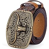 BISON DENIM Men's Western Cowboy Belt with Big Printed Engraved Buckle Strap Adjustable